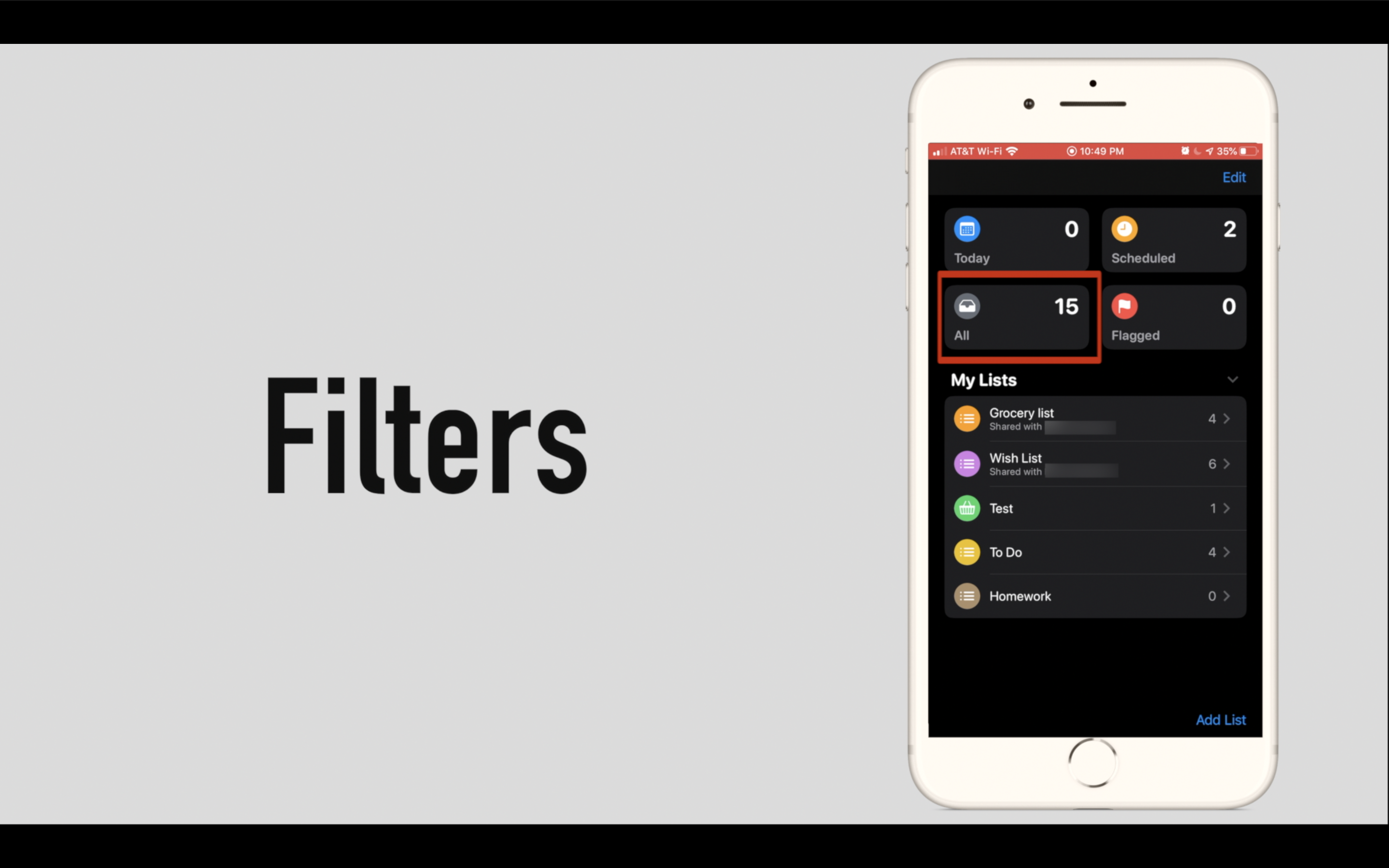 iOS 13 Reminders-Reminder Filters